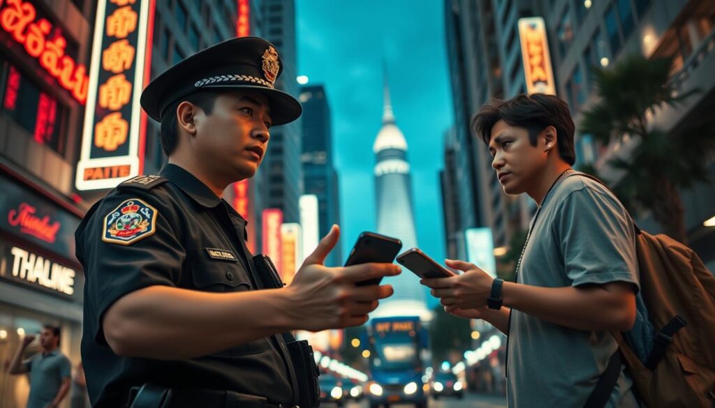A Thai police officer standing in a busy street, motioning to a worried-looking tourist holding a phone. The scene is shot from a low angle, capturing the grandeur of the towering buildings and neon signs in the background. Soft, warm lighting casts an inviting glow, while the officer's authoritative presence and the tourist's concerned expression convey the gravity of the situation. The composition emphasizes the contrast between the urban setting and the intimate interaction, creating a sense of urgency and the need for assistance.