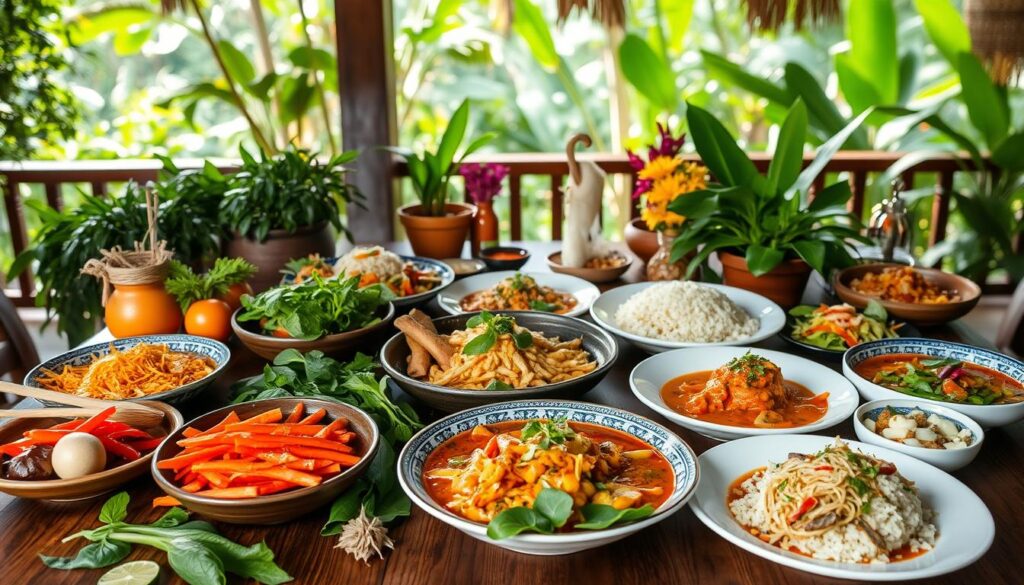 A bountiful spread of vibrant, colorful Thai dishes arranged on a wooden table under soft, natural lighting. In the foreground, a variety of fresh, locally-sourced ingredients like fragrant herbs, crisp vegetables, and aromatic spices. In the middle ground, an array of beautifully plated dishes showcasing the complex flavors and textures of traditional Thai cuisine - steaming curries, fragrant rice dishes, and refreshing salads. The background features lush, tropical foliage and glimpses of a serene wellness retreat setting, evoking a sense of tranquility and nourishment for the body and mind.