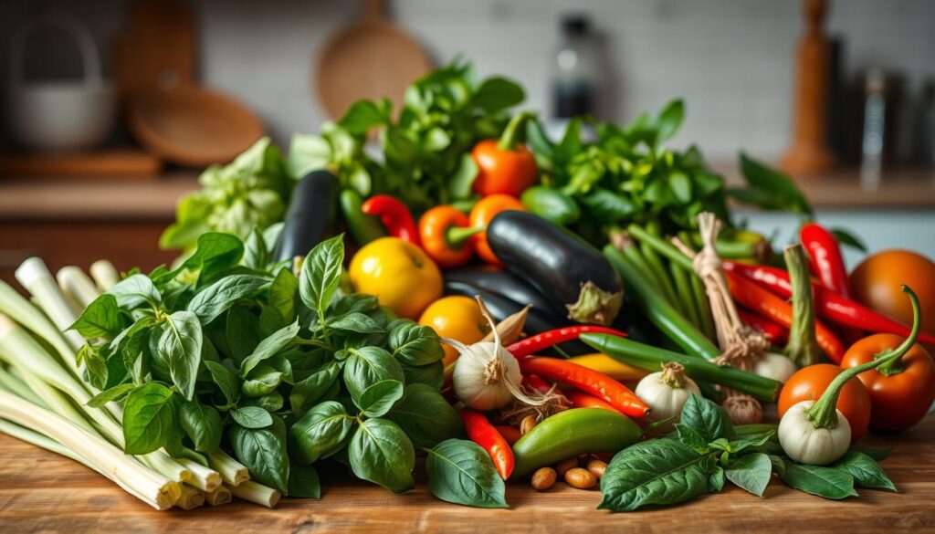 A bountiful still life arrangement showcasing an array of vibrant, fresh vegan Thai ingredients. In the foreground, a variety of lush herbs and fragrant spices - lemongrass, kaffir lime leaves, galangal, and Thai basil - arranged artfully on a natural wood surface. In the middle ground, an assortment of colorful produce including eggplants, long beans, chilies, and aromatic shallots. The background features a blurred, softly-lit kitchen counter, hinting at the culinary preparation to come. The overall mood is one of abundance, vibrancy, and the promise of delectable, plant-based Thai cuisine. Lit by warm, natural lighting, the scene exudes an inviting, appetizing atmosphere.