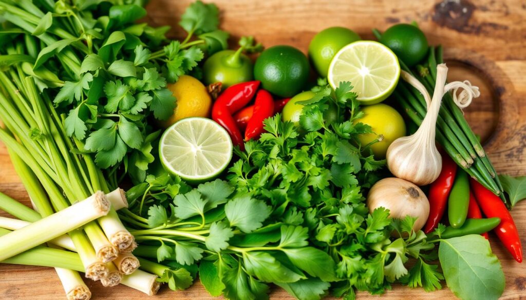 A bountiful still life of vibrant Thai ingredients, captured in natural light. In the foreground, a variety of fresh herbs - lemongrass, Thai basil, cilantro, and kaffir lime leaves - arranged in an elegant composition. In the middle ground, halved limes, chilies, and shallots, their vivid colors and textures contrasting beautifully. In the background, a wooden cutting board, worn with age, sets the stage for this celebration of Thai culinary essentials. The image exudes a sense of warmth, authenticity, and the mouthwatering anticipation of a delicious Thai meal to come.