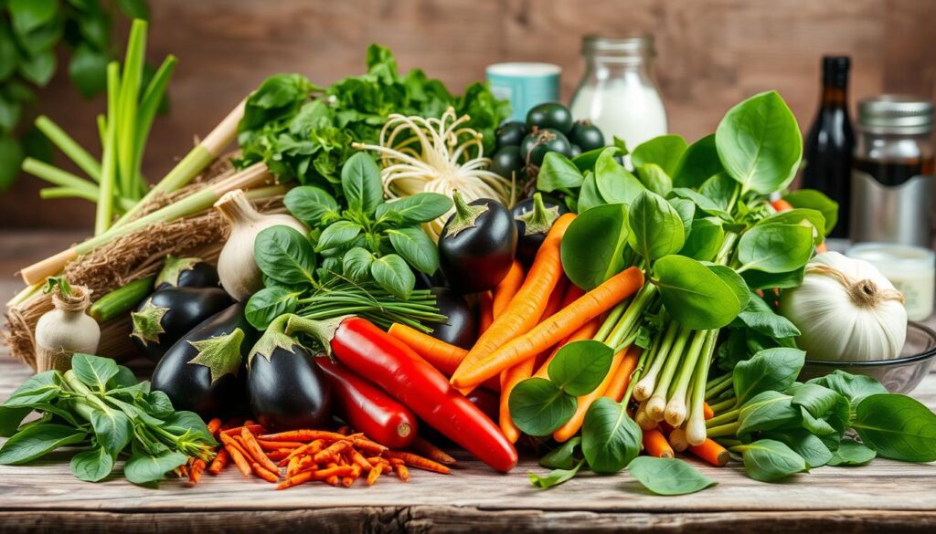 A bountiful still life of vibrant, freshly harvested vegan Thai ingredients, beautifully arranged on a rustic wooden table. In the foreground, a variety of aromatic herbs and spices - lemongrass, kaffir lime leaves, galangal, and fresh Thai basil - create a captivating visual symphony. In the middle ground, an assortment of colorful vegetables takes center stage - vibrant eggplants, crisp bean sprouts, crunchy carrots, and tender baby bok choy. In the background, a stack of fragrant jasmine rice and a few key condiments, such as coconut milk and soy sauce, complete the ensemble, setting the stage for a delectable vegan Thai culinary experience.