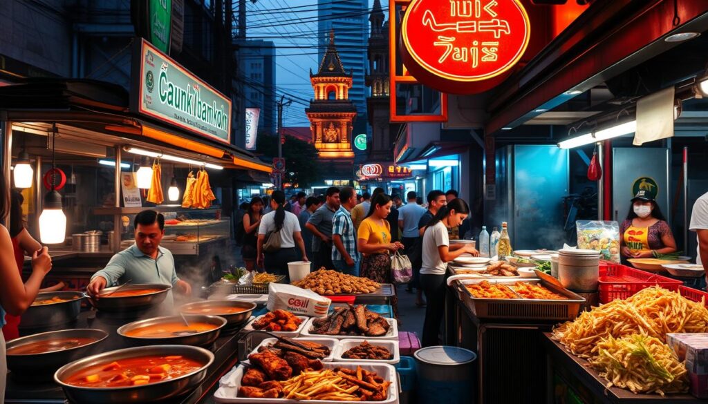 A bustling Bangkok street corner, dusk casting a warm glow over vibrant stalls. In the foreground, a variety of authentic Thai street dishes sizzle and steam - fragrant curries, noodle soups, grilled meats, and freshly chopped papaya salad. The middle ground bustles with locals and tourists eagerly sampling the tantalizing fare, while the background reveals the iconic architecture and neon signage that define the city's unique street food culture. Crisp, high-contrast lighting highlights the textures and colors of the scene, creating an inviting and mouthwatering atmosphere.