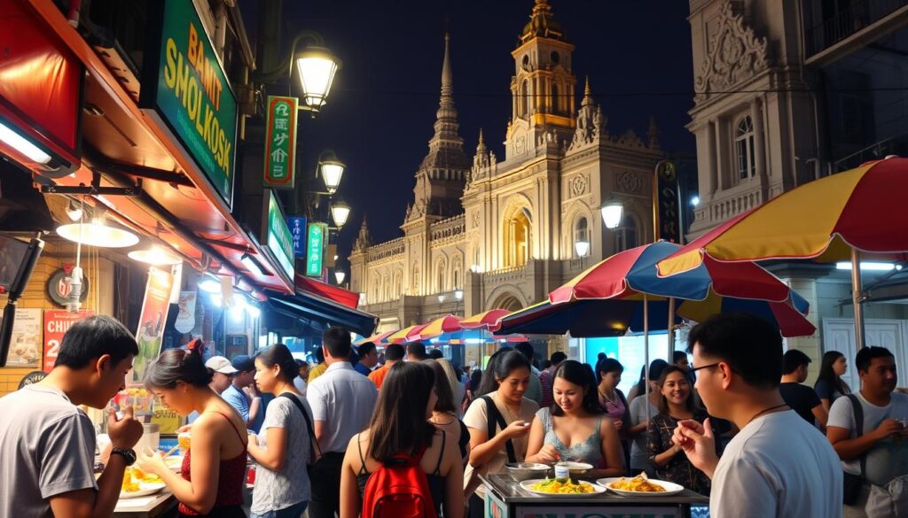 A bustling Bangkok street scene, illuminated by warm streetlights and the glow of vibrant food stalls. In the foreground, a group of tourists eagerly sample an array of fragrant Thai dishes, guided by a knowledgeable local host. The middle ground showcases the lively atmosphere, with vendors skillfully preparing signature dishes and colorful umbrellas shading the bustling activity. In the background, the distinctive architecture of Bangkok's historic buildings creates a captivating backdrop, conveying the city's rich cultural heritage. The image exudes an immersive, sensory experience, capturing the essence of a guided food tour through the culinary delights of Thailand's vibrant capital.