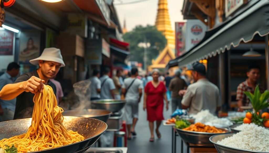 A bustling Bangkok street, vibrant with the aromas of sizzling street food stalls and the chatter of locals. In the foreground, a vendor skillfully stir-fries a fragrant pad thai, the noodles wok-kissed and glistening. Middle ground, a family-owned restaurant serves up steaming curries and fragrant jasmine rice, the owners sharing stories of their culinary heritage. In the background, a towering golden spire of a Buddhist temple, its ornate details shimmering in the warm afternoon light. Capture the essence of Thai culinary adventure - the sights, sounds, and flavors that transport you to the heart of this captivating culture.