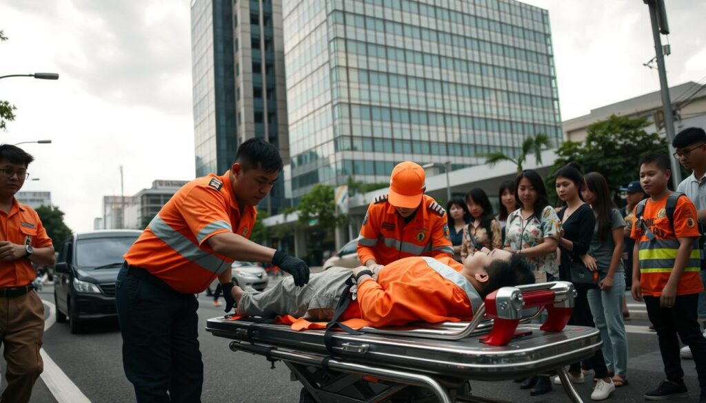 A bustling Thai city street, with a modern hospital in the background. In the foreground, a person lying on a gurney being attended to by paramedics in bright orange uniforms. Their faces convey a sense of urgency as they perform lifesaving procedures. The sky is overcast, casting a somber tone. Nearby, concerned onlookers watch the scene unfold. The image captures the intensity and gravity of a medical emergency in Thailand, highlighting the importance of swift and professional response.