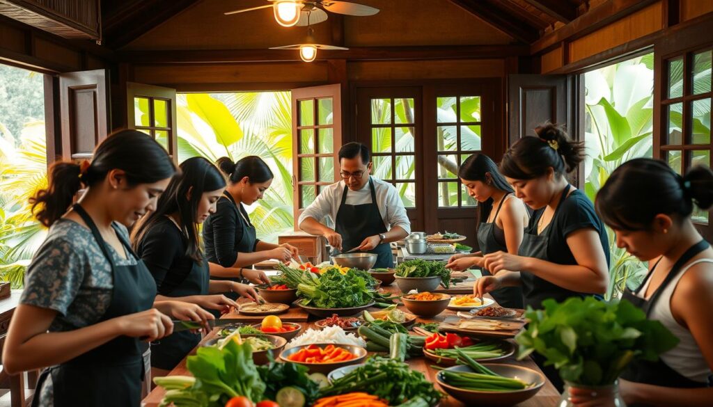 A bustling Thai cooking class in a warm, open-air kitchen. In the foreground, a group of students intently chopping, stirring, and tasting an array of fresh, vibrant ingredients. Overhead, warm, soft lighting casts a golden glow, highlighting the focus and excitement on their faces. In the middle ground, an experienced chef guides the class, demonstrating techniques with confidence and care. The background reveals the lush greenery of a tropical garden, the open windows allowing a gentle breeze to flow through. The atmosphere is lively, interactive, and immersive, reflecting the joy and authenticity of learning traditional Thai cuisine.