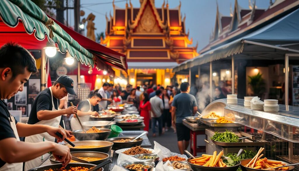 A bustling Thai culinary festival with vibrant stalls and tents lining a lively street. In the foreground, vendors skillfully prepare an array of fragrant dishes, their hands deftly maneuvering woks and ladles. Spices and herbs fill the air, creating a tantalizing atmosphere. In the middle ground, people eagerly gather around tables, savoring the flavors of regional specialties. The background features traditional Thai architecture, warm lighting casting a golden glow over the scene. Capture the energy, colors, and cultural essence of Thailand's vibrant culinary celebrations.
