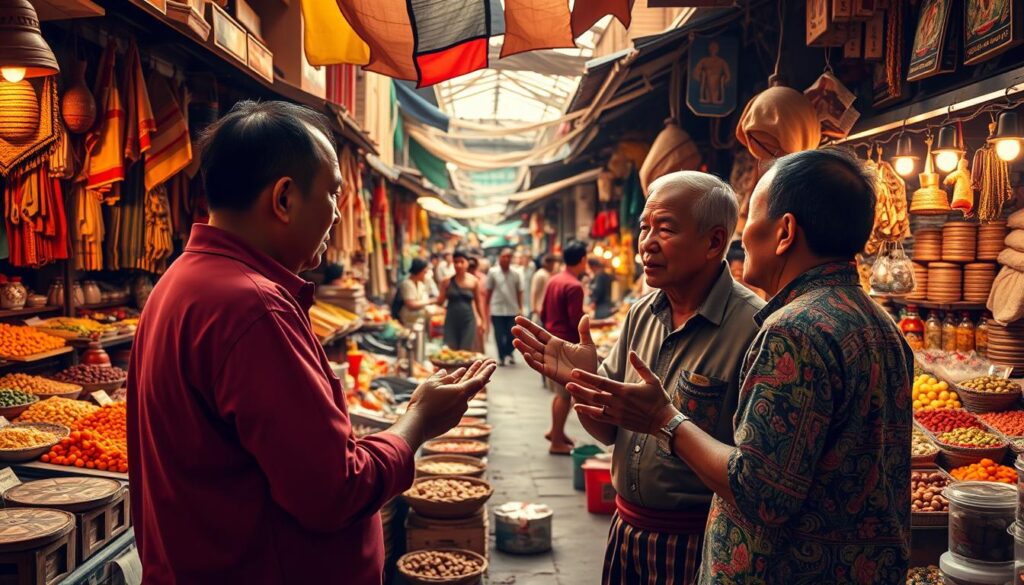 A bustling Thai market scene, with vibrant colors and dynamic energy. In the foreground, two merchants engage in a lively haggling exchange, their hands gesturing animatedly as they negotiate a price. The middle ground features an array of stalls, each offering a diverse selection of goods - from fresh produce and spices to handcrafted textiles and trinkets. In the background, a maze of narrow alleyways and crowded stalls creates a sense of depth and complexity, capturing the essence of the local culture. The lighting is warm and natural, casting a golden glow over the scene and accentuating the rich textures and vibrant hues. The overall atmosphere evokes a sense of excitement, negotiation, and the timeless tradition of bargaining that is so integral to the Thai market experience.