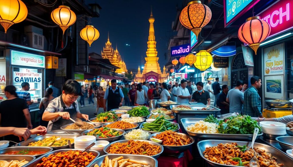 A bustling Thai night market scene, illuminated by warm lanterns and vibrant neon signs. In the foreground, an array of colorful vegetarian dishes - steaming curries, fragrant stir-fries, and fresh salads, artfully presented on sleek metal trays. Vendors in traditional dress skillfully prepare the dishes, using an array of aromatic herbs and spices. In the middle ground, a lively crowd of locals and tourists navigates the narrow alleyways, their faces aglow with the tantalizing scents of the vegetarian fare. The background is a hazy cityscape, with towering high-rises and ornate Buddhist temples, creating a striking contrast between the modern and the traditional. The overall atmosphere is one of lively energy, cultural authenticity, and a celebration of the vibrant vegetarian options that Thailand's street food scene has to offer.