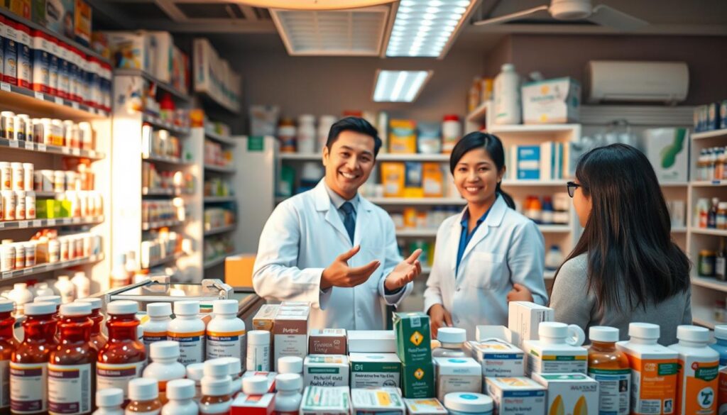 A bustling Thai pharmacy counter, bathed in warm, natural lighting. In the foreground, an array of neatly organized medicine bottles and packages, their labels prominently displayed. The middle ground features a helpful pharmacist in a crisp white coat, gesturing with a friendly smile as they assist a customer. The background showcases the vibrant energy of the shop, with shelves stocked with a diverse range of healthcare products. The overall scene conveys a sense of professionalism, accessibility, and the personalized care that is characteristic of navigating Thai pharmacies.