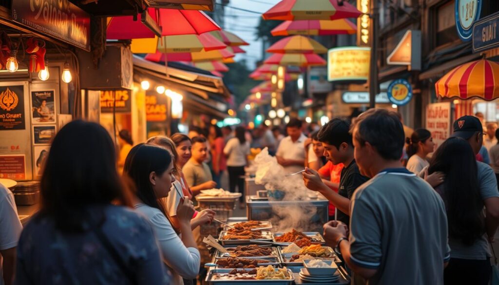A bustling Thai street at dusk, filled with the aroma of sizzling stir-fries and the chatter of vendors. In the foreground, a group of locals and tourists gather around a food stall, observing the proper etiquette - politely waiting their turn, handling utensils with care, and savoring each bite. The middle ground showcases the vibrant array of dishes, from skewered meats to steaming noodles, each presented with attention to detail. In the background, a colorful tapestry of umbrellas and signage creates a lively, immersive atmosphere, while warm, golden lighting casts a welcoming glow over the scene. Capture the essence of authentic Thai street food culture, where tradition and hospitality seamlessly intertwine.