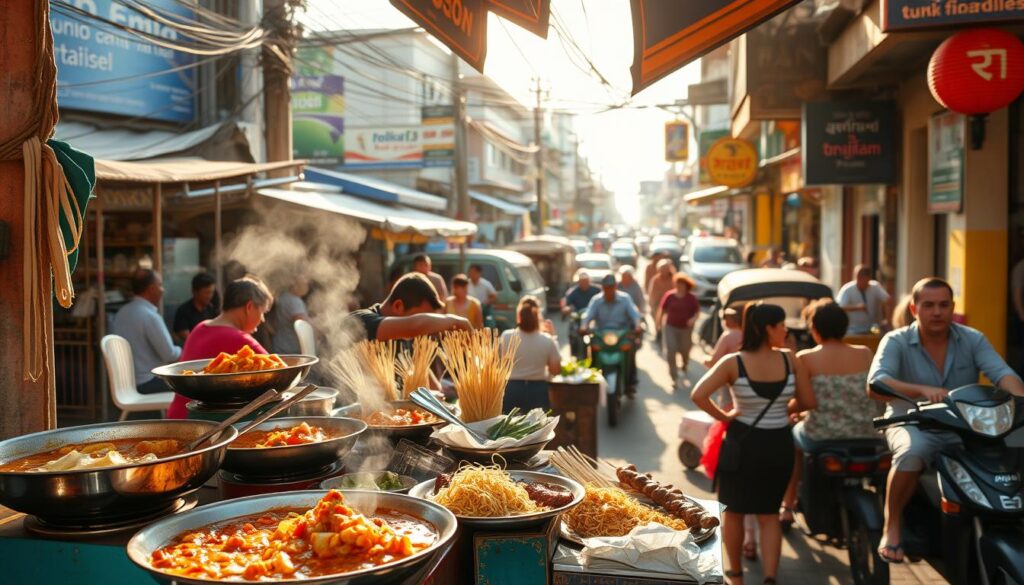 A bustling Thai street corner, vibrant with the aroma of sizzling woks and the chatter of locals. In the foreground, a lively display of colorful curries, fragrant noodle dishes, and skewered meats, all served from a weathered food cart. The middle ground features a diverse array of patrons savoring their meals, while in the background, a bustling street scene unfolds, with tuk-tuks navigating through the lively crowd. Warm, golden sunlight filters through the scene, casting a welcoming glow and highlighting the authenticity of this quintessential Thai dining experience.