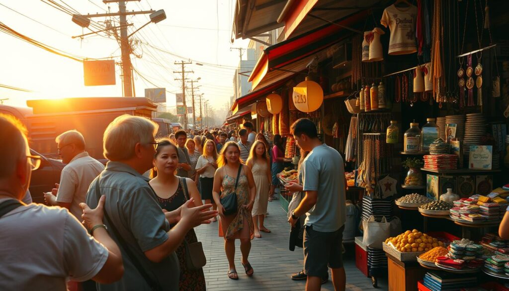A bustling Thai street market at dusk, with vibrant stalls and haggling shoppers. Warm, golden light illuminates the scene, casting long shadows across the cobblestones. In the foreground, a group of local vendors animatedly negotiate with tourists, their hands gesturing expressively. In the middle ground, shoppers browse an array of colorful goods - handcrafted textiles, fragrant spices, and shimmering jewelry. The background fades into a hazy skyline, hinting at the lively city beyond. The atmosphere is one of lively negotiation, where the best deals are struck as the day winds down.