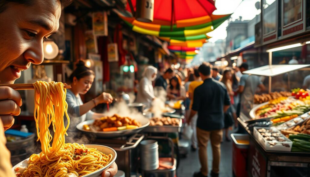 A bustling Thai street market, sunlight filtering through vibrant umbrellas and stalls overflowing with fragrant dishes. In the foreground, a customer eagerly digs into a steaming plate of pad thai, noodles twirling around chopsticks. The middle ground captures a vendor skillfully tossing ingredients in a wok, sizzling aromas wafting through the air. In the background, a crowd of locals and tourists weave between carts, each selling unique specialties - skewered meats, vibrant curries, fresh tropical fruits. The scene pulses with energy, a symphony of flavors and culture, inviting the viewer to immerse themselves in the true experience of Thai street food.