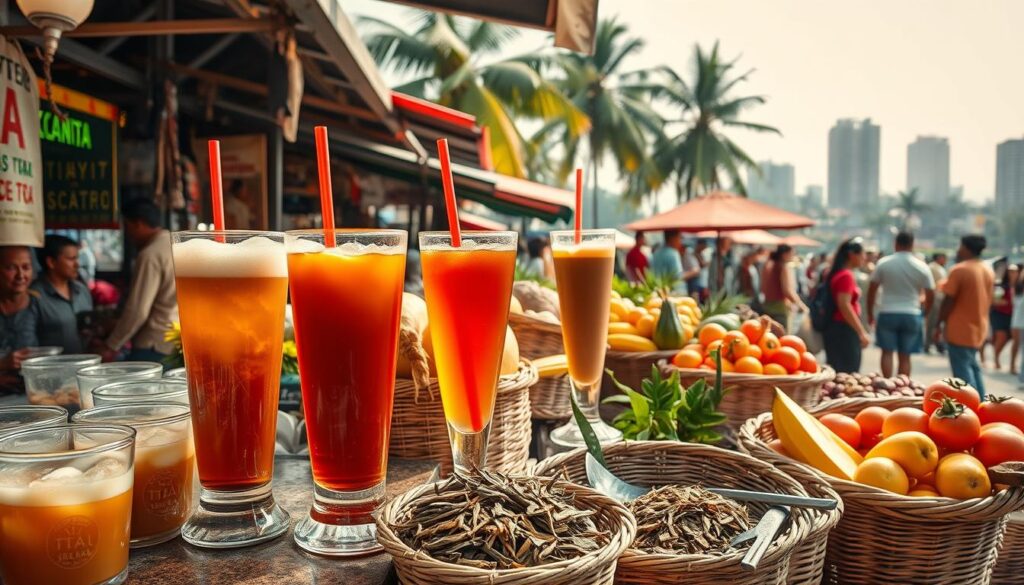 A bustling Thai street market, with a vibrant array of authentic local beverages. In the foreground, a vendor's stall showcases a tantalizing display of freshly brewed Thai iced tea, its rich amber hue glistening under warm, natural lighting. Beside it, tall glasses of cool, frothy coconut water and sweet, aromatic iced coffee. In the middle ground, woven baskets overflow with fragrant jasmine tea leaves and vibrant tropical fruits. In the background, a hazy cityscape with towering palm trees and the faint sound of lively chatter. The scene exudes the essence of Thailand's vibrant street food culture and the perfect pairing of local beverages with tantalizing street fare.