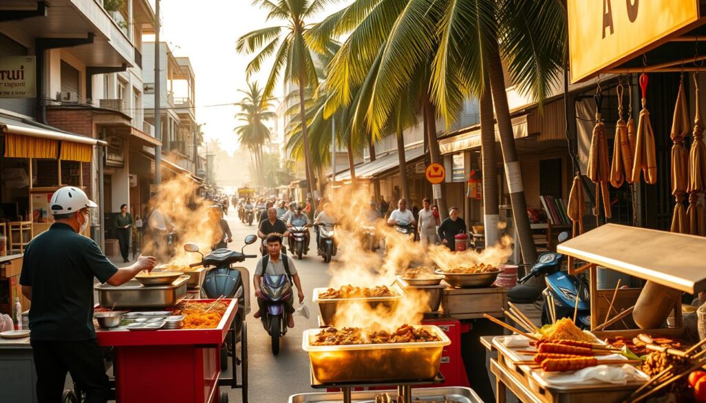 A bustling Thai street scene, captured in vibrant detail. In the foreground, colorful carts and stalls offer a tantalizing array of sizzling street foods - fragrant curries, steaming noodle dishes, and skewered meats. Skilled vendors deftly prepare each order, their movements fluid and practiced. The middle ground is a lively mix of pedestrians and motorbikes weaving through the narrow lanes, creating an energetic atmosphere. In the background, traditional shophouses and towering palm trees frame the scene, casting soft, warm lighting that accentuates the textures and colors. The overall mood is one of authentic, mouthwatering Thai street life, inviting the viewer to savor the delectable offerings with care and enthusiasm.