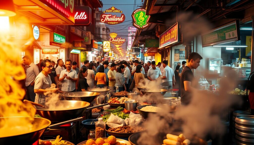 A bustling Thai street scene, captured in vibrant detail. Sizzling woks emit fragrant plumes of steam, as vendors skillfully prepare an array of authentic local delicacies. In the foreground, a colorful display of fresh produce and spices, beckoning passersby. The middle ground features a throng of locals and tourists, immersed in the lively atmosphere, savoring their street food treats. In the background, a tapestry of traditional shophouses and neon-lit signage, casting a warm glow over the scene. Warm, golden lighting filters through, conveying the inviting, energetic spirit of Thailand's renowned street food culture.