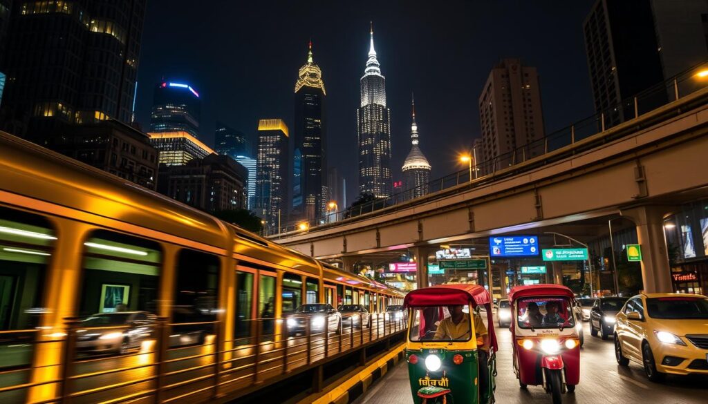 A bustling city skyline at night, the streets alive with the glow of headlights and neon signs. In the foreground, a sleek metro train glides by, its windows reflecting the vibrant city lights. In the middle ground, a tuk-tuk weaves through traffic, its brightly colored canopy adding a sense of local flavor. In the background, towering skyscrapers and an elevated skytrain track create a dynamic, multilayered urban landscape. The scene is bathed in a warm, golden hue, creating a sense of energy and movement, capturing the essence of nighttime transport options in this vibrant metropolis.