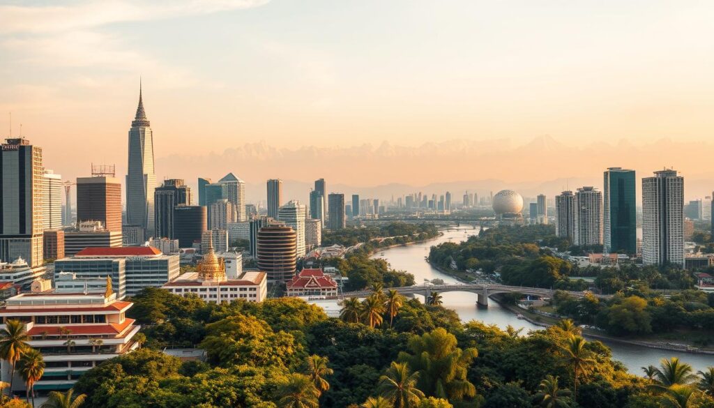 A bustling city skyline of Bangkok, Thailand, with towering skyscrapers and modern medical facilities in the foreground. In the middle ground, lush tropical foliage and a scenic river winding through the landscape. In the background, the majestic peaks of the Himalayas, bathed in warm, golden sunlight. The scene conveys a sense of prosperity, world-class medical care, and the natural beauty that draws medical tourists to this vibrant destination. The image is captured with a wide-angle lens, creating a panoramic, cinematic effect.
