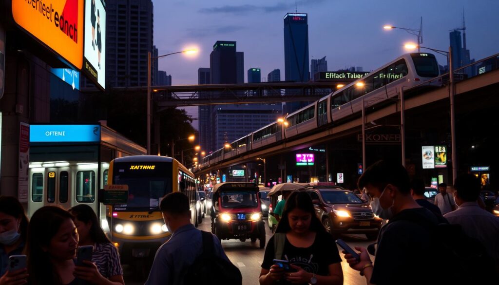 A bustling city street at dusk, illuminated by the warm glow of streetlights and neon signs. In the foreground, a group of people are intently focused on their smartphones, navigating the local transport apps with a sense of familiarity. The middle ground features a mix of traditional modes of transport - a sleek metro train gliding by, a colorful tuk-tuk weaving through traffic, and a modern skytrain elevated above the urban landscape. The background showcases the skyline, with skyscrapers and landmarks providing a sense of place. The overall atmosphere is one of efficient, interconnected mobility, reflecting the city's embrace of technology to enhance the daily commute.