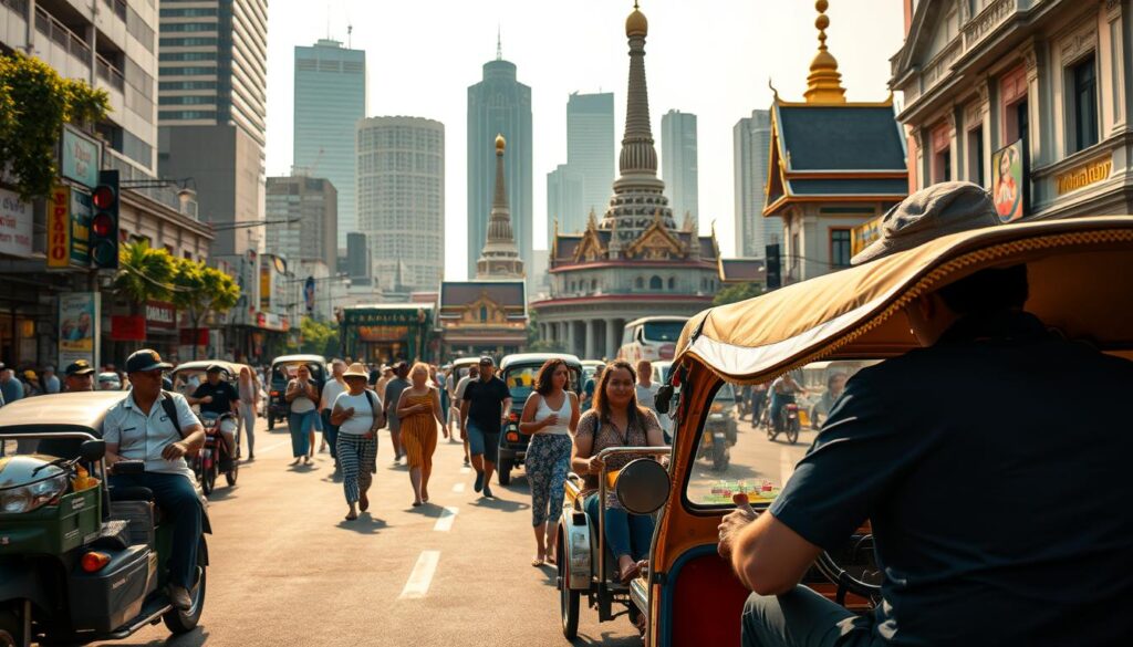 A bustling city street in Bangkok, Thailand. In the foreground, a traditional tuk-tuk vehicle navigates the chaotic traffic, its colorful exterior catching the eye. Nearby, a group of tourists stands, seemingly unsure and cautious, as a local tuk-tuk driver approaches them, a mischievous glint in his eye. The middle ground features a mix of pedestrians, street vendors, and other tuk-tuks, all contributing to the lively atmosphere. In the background, towering skyscrapers and historic temples create a striking contrast, hinting at the dichotomy between the modern and the traditional. The scene is bathed in warm, golden hues, creating an alluring yet cautionary mood, reflecting the potential for tuk-tuk scams that unsuspecting tourists may encounter.