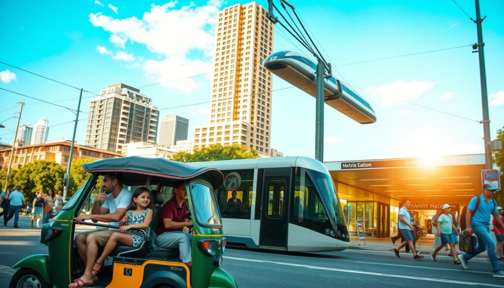 A bustling city street on a sunny day, with families and children enjoying various modes of eco-friendly local transport. In the foreground, a whimsical three-wheeled electric tuk-tuk ferries a family of four, their laughter and delight palpable. In the middle ground, a modern, sleek skytrain glides silently overhead, its large windows offering a panoramic view of the cityscape. In the background, a crowd-pleasing metro station stands, its entrance bathed in warm, golden light, beckoning pedestrians to explore the neighborhood. The scene is vibrant, inviting, and exudes a sense of community and accessibility, perfectly capturing the essence of family-friendly local transport options.