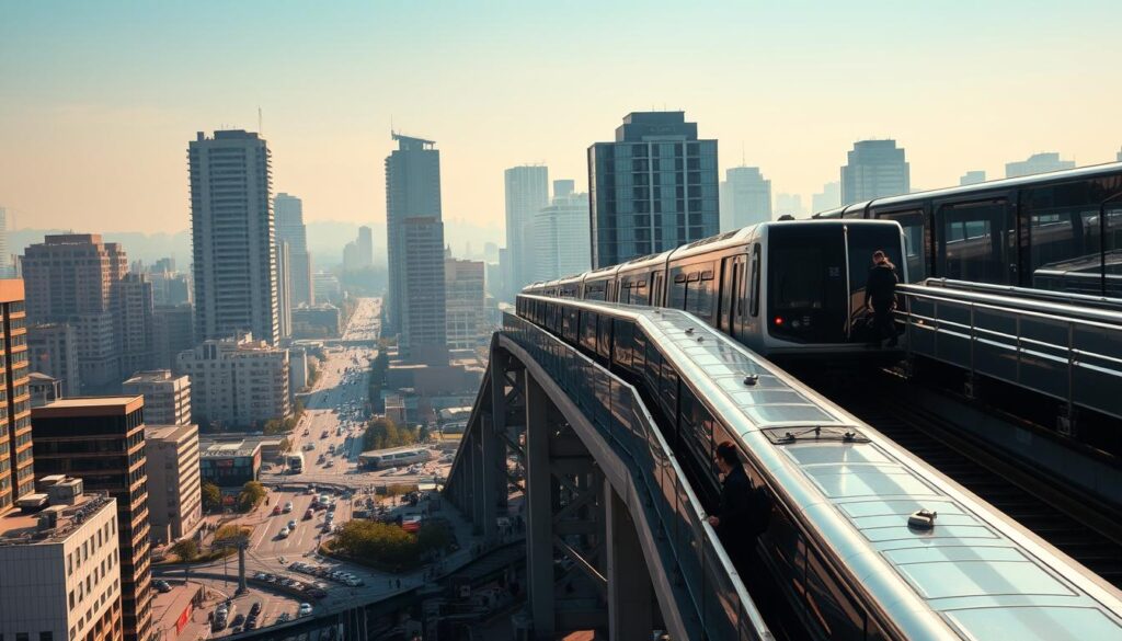 A bustling cityscape with sleek, elevated Skytrain stations cutting through the urban landscape. In the foreground, commuters ascend the modern, glass-enclosed platforms, their silhouettes backlit by the warm glow of the morning sun. The trains glide effortlessly on the elevated tracks, their smooth, aerodynamic bodies reflecting the surrounding architecture. In the middle ground, towering skyscrapers and bustling streets create a dynamic, high-energy atmosphere. The background is dominated by a hazy, azure sky, adding a sense of tranquility and balance to the scene. The overall composition conveys the efficiency, convenience and integration of the Skytrain system within the vibrant urban environment.