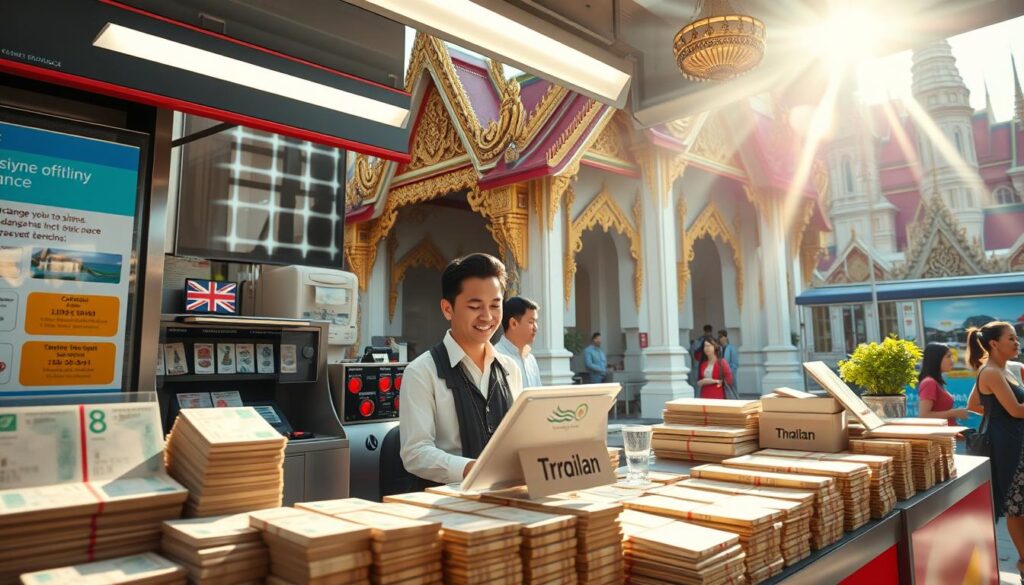 A bustling currency exchange booth in the heart of a vibrant Thai city, sunlight streaming through the windows and casting a warm glow. The countertop is lined with stacks of foreign bills, and a friendly attendant stands ready to assist customers. The background features the iconic architecture of Thailand, with intricate details and vibrant colors. The overall scene conveys a sense of efficiency, accessibility, and the excitement of exchanging currencies for an immersive travel experience.