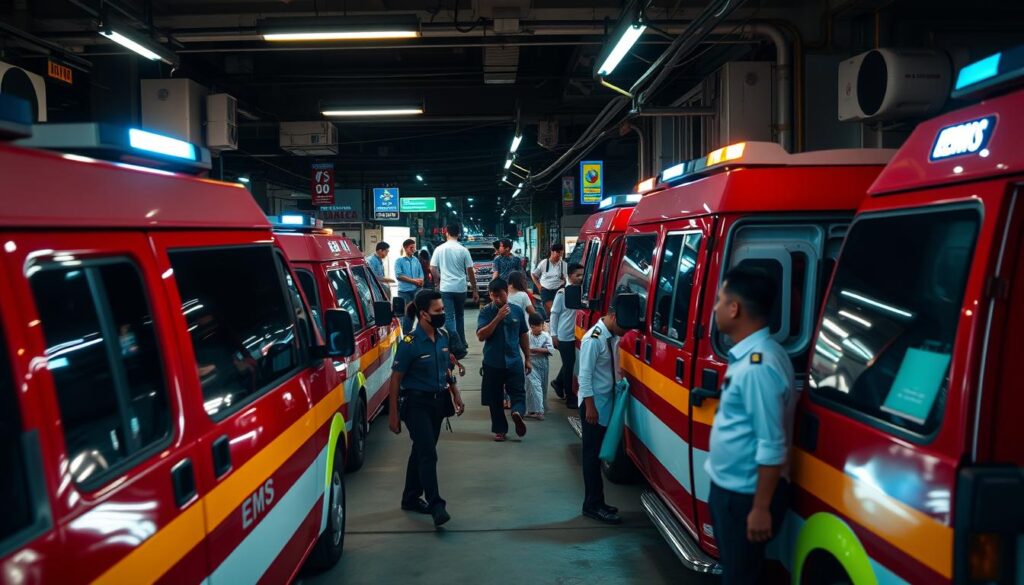 A bustling emergency medical services (EMS) station in the heart of Thailand, illuminated by the warm glow of fluorescent lights. In the foreground, a fleet of well-equipped ambulances stand at the ready, their distinctive red and white livery gleaming. Paramedics in crisp uniforms hurry about, preparing their gear and coordinating with dispatch. The middle ground reveals a bustling scene, with patients being carefully transported, their faces etched with concern but also a sense of trust in the capable hands of the EMS team. In the background, the vibrant streets of Thailand's urban landscape provide a dynamic backdrop, hinting at the diverse cultural fabric that shapes the nation's medical landscape. The overall atmosphere conveys a sense of urgency, professionalism, and the unwavering dedication of Thailand's EMS personnel to providing vital emergency care.