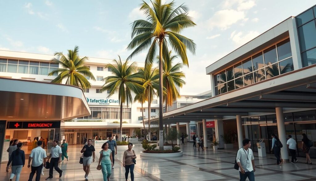 A bustling hospital campus in Thailand, captured in a detailed, high-resolution photograph. In the foreground, patients and visitors navigate the modern, well-equipped entrance lobby, bathed in warm, natural lighting. The middle ground features various healthcare facilities, including an emergency room, outpatient clinics, and a pharmacy, all connected by covered walkways. In the background, towering palm trees sway gently, hinting at the lush, tropical environment surrounding the urban healthcare hub. The scene conveys a sense of efficiency, accessibility, and the high-quality medical services available to the Thai people, both in cities and rural areas.