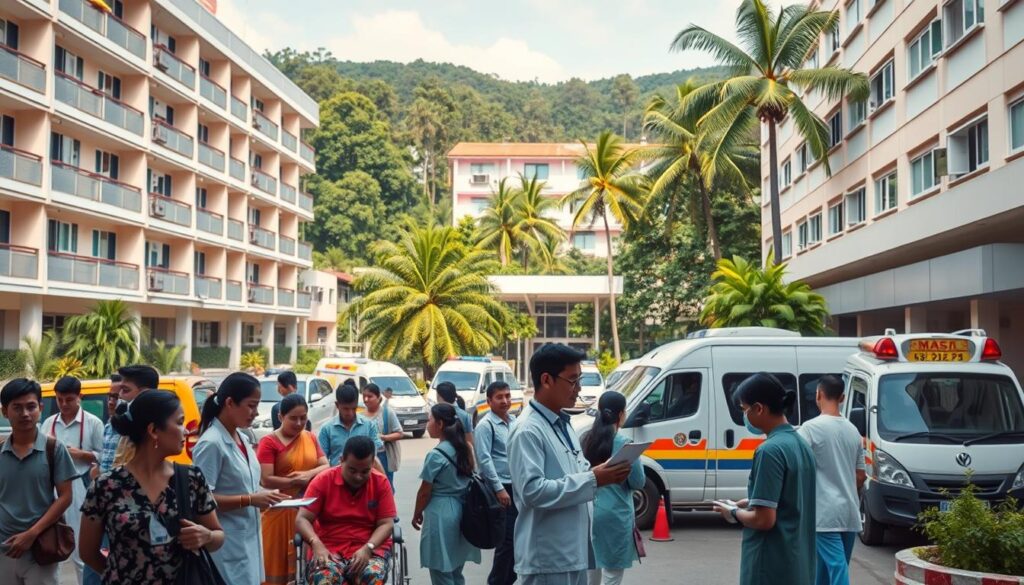 A bustling hospital complex in Thailand, with modern multi-story buildings and lush tropical greenery in the background. In the foreground, a group of patients and medical staff engage in various activities - a doctor examining a patient, nurses assisting with paperwork, and an ambulance parked nearby. The scene is bathed in warm, natural lighting, capturing the efficient and caring atmosphere of the healthcare system. The composition emphasizes the accessibility and high-quality care available, highlighting Thailand's commitment to providing comprehensive medical services to its citizens.