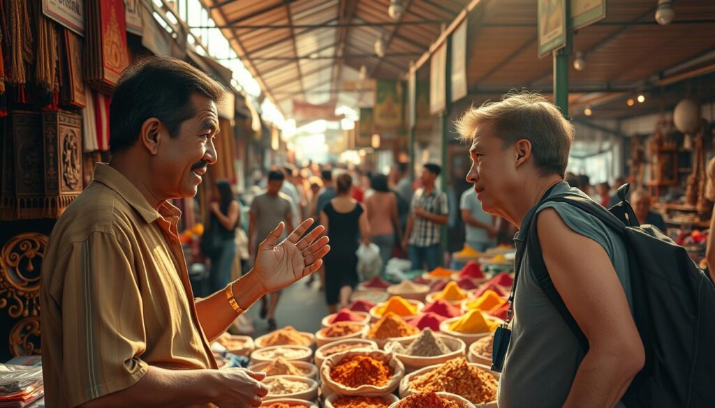 A bustling marketplace in Bangkok, Thailand. In the foreground, two figures engaged in an intense haggling session - one a savvy local merchant, the other a determined tourist. The merchant gestures animatedly, haggling with a warm, friendly demeanor, while the tourist leans in, brow furrowed in concentration, negotiating the price with measured confidence. The middle ground is filled with a vibrant array of goods - handcrafted textiles, intricate carvings, and spices in colorful sacks. In the background, a maze of crowded stalls, the air thick with the scent of exotic spices and the hum of lively bargaining. Warm, golden sunlight filters through the canopy, casting a cozy glow over the scene. The overall mood is one of energetic negotiation, cultural exchange, and the thrill of striking a satisfying deal.