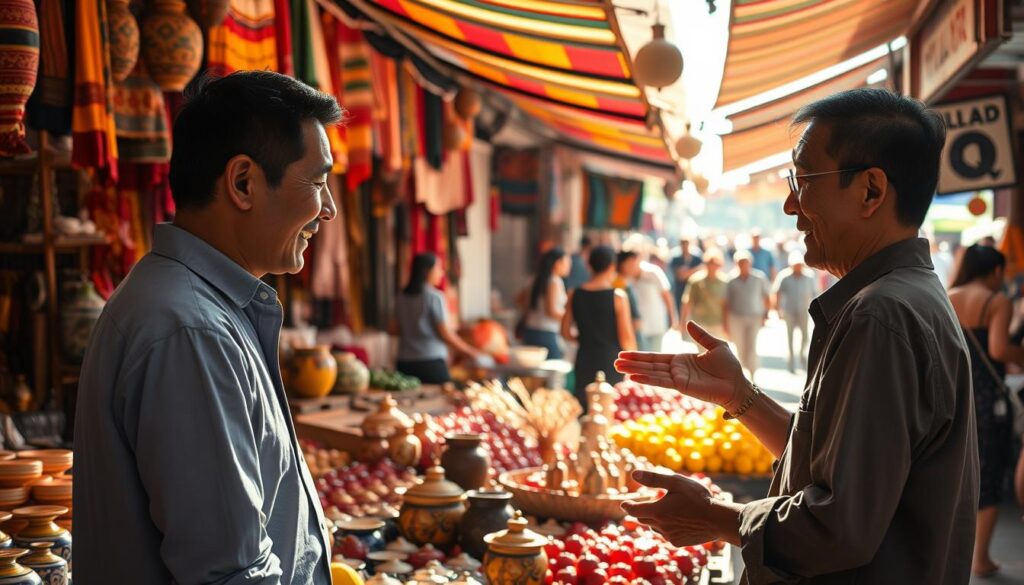 A bustling marketplace in Thailand, afternoon sunlight filtering through the stalls. In the foreground, two figures engaged in animated haggling, using expressive hand gestures, subtle body language, and playful facial expressions to negotiate a price. The middle ground features an array of vibrant textiles, ceramics, and exotic fruits, while the background is a tapestry of colorful awnings, bustling crowds, and the distant hum of lively chatter. The scene radiates an atmosphere of lively negotiation, cultural exchange, and the art of persuasion.