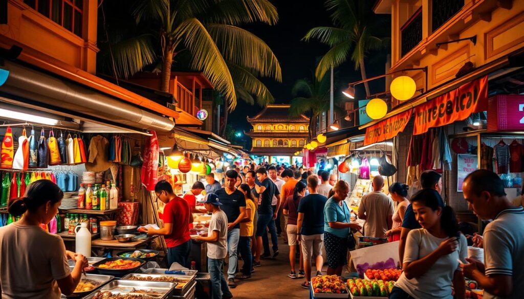 A bustling night market in Phuket, Thailand, with vibrant stalls and shops lining the narrow streets. Warm, golden lighting illuminates the scene, casting a cozy glow over the lively crowds browsing an array of local street food, handcrafted goods, and trinkets. In the foreground, vendors skillfully prepare sizzling dishes and colorful desserts, their aromas wafting through the air. The middle ground is filled with people haggling and negotiating, creating a lively atmosphere. In the background, the silhouettes of palm trees and traditional Sino-Portuguese architecture create a distinct and atmospheric backdrop. The overall scene captures the energy, liveliness, and unique character of a quintessential Phuket night market experience.