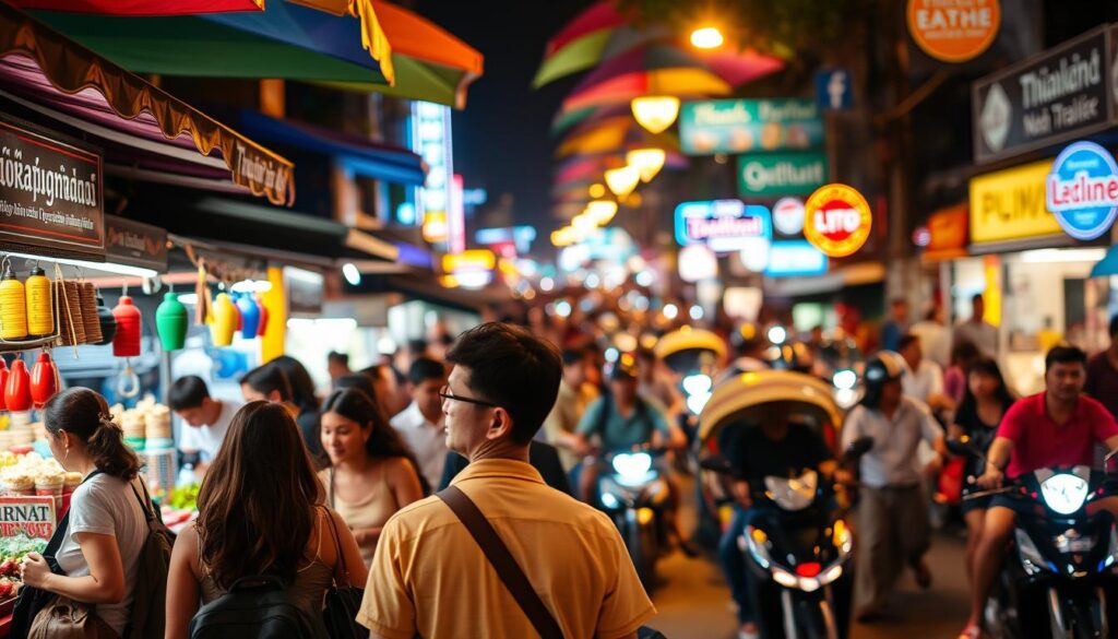 A bustling night market in a vibrant Thai city, with neon-lit stalls and colorful umbrellas overhead. In the foreground, a group of tourists perusing the wares, clutching their belongings close. In the middle ground, a lively crowd of locals and travelers mingling, enjoying the atmosphere. The background is a blur of motion, with tuk-tuks and scooters weaving through the streets, casting a warm, golden glow. The scene is captured with a wide-angle lens, conveying a sense of energy and excitement, but also a subtle undertone of caution, as the tourists remain vigilant to protect their valuables in the thriving nightlife environment.