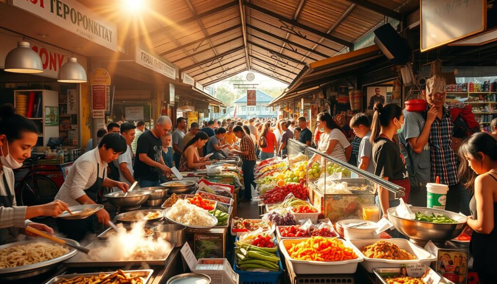 A bustling outdoor Thai market, vibrant with the sights, sounds, and aromas of authentic cuisine. In the foreground, vendors skillfully prepare steaming noodle dishes, fragrant curries, and sizzling street food. The middle ground features tightly-packed stalls overflowing with fresh produce, exotic fruits, and colorful spices. In the background, a lively crowd of locals and curious tourists immerse themselves in the lively atmosphere, experiencing the true essence of Thai culinary culture. Warm, golden sunlight filters through the open-air setting, casting a inviting glow over the entire scene. The overall mood is one of sensory delight, cultural immersion, and the promise of a truly memorable Thai food experience.