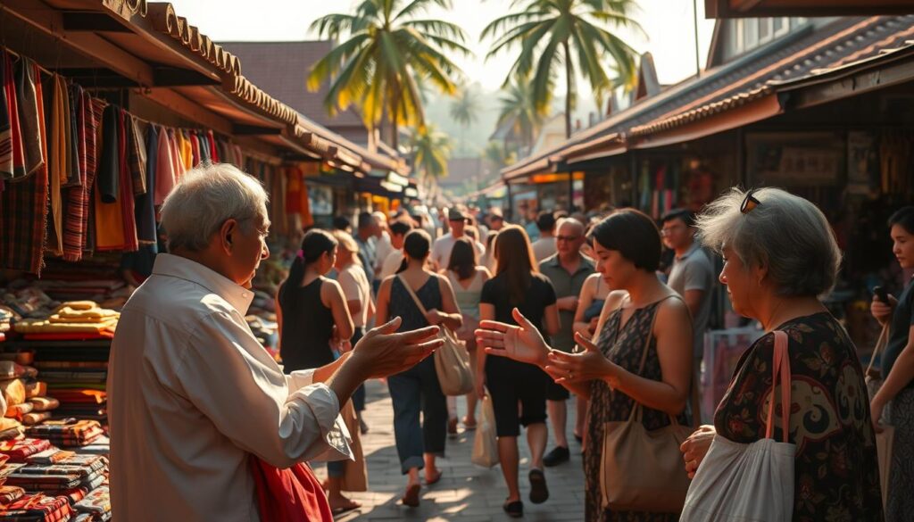 A bustling outdoor market in Thailand, sun-dappled stalls filled with vibrant textiles and handicrafts. In the foreground, two local vendors engaged in a lively haggling exchange, hands gesturing animatedly as they negotiate a fair price. The middle ground reveals an array of shoppers, some intently inspecting wares, others carrying packed bags. In the background, the iconic tiled roofs and towering palm trees of a Thai streetscape. Warm, diffused lighting casts a golden glow, creating an atmosphere of spirited commerce and cultural exchange.