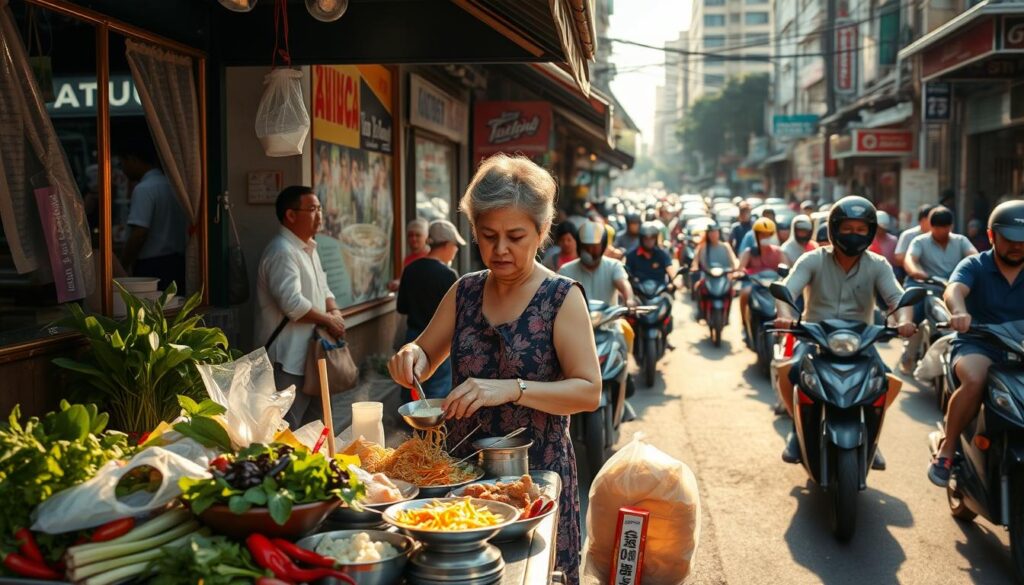 A bustling street corner in Bangkok, the afternoon sun casting a warm glow over a lively scene of locals ordering their favorite Thai dishes. In the foreground, a small vendor cart overflows with colorful ingredients - fresh herbs, steaming noodles, and sizzling meats. A middle-aged woman stands behind the cart, expertly assembling a fragrant Pad Thai, her hands moving with practiced precision. In the background, a chaotic tangle of motorcycles and tuk-tuks navigates the narrow street, while passersby weave through the crowd, clutching plastic bags of freshly purchased street food. The atmosphere is electric, with the aroma of lemongrass, chili, and fish sauce mingling in the air, inviting you to immerse yourself in the vibrant culture of Thai street food.