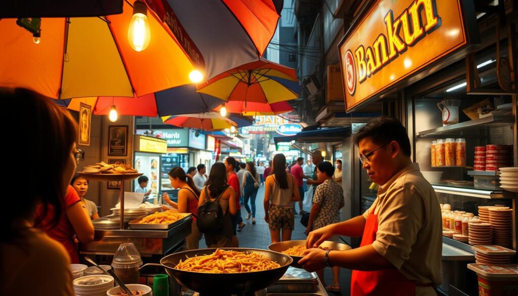 A bustling street food stall in Bangkok, Thailand, showcasing an array of tantalizing local delicacies. In the foreground, a vendor expertly prepares a sizzling wok of pad thai, the aroma wafting through the air. Middle ground features customers eagerly awaiting their orders, colorful umbrellas providing dappled shade. In the background, a vibrant mix of other street food carts, neon signs, and lively pedestrian traffic create an immersive atmosphere. Warm, golden lighting casts a welcoming glow, inviting passersby to indulge in the vibrant culinary scene. A cinematic, documentary-style perspective captures the energy and authentic spirit of a Thai street food tasting tour.