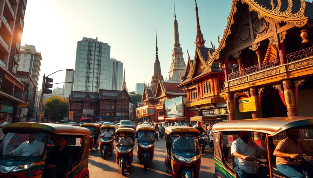 A bustling street in Bangkok, Thailand, captured with a wide-angle lens. In the foreground, vibrant tuk-tuks and motorbikes weave through the traffic, their drivers expertly navigating the chaotic flow. The middle ground features a mix of traditional Thai architecture and modern high-rises, their facades adorned with intricate carvings and vibrant colors. In the background, the towering spires of ancient Buddhist temples pierce the sky, casting long shadows over the scene. The lighting is warm and golden, creating a sense of cultural richness and energy. The atmosphere conveys the dynamic nature of Thai communication, where ancient traditions seamlessly blend with the pace of modern life.