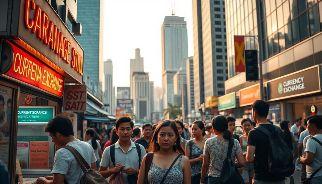 A bustling street in Bangkok, Thailand, with a currency exchange booth in the foreground. The booth is adorned with flashing neon signs, luring unsuspecting tourists. In the middle ground, people exchange money, some looking unsure and perplexed. In the background, towering skyscrapers and the vibrant city skyline create a sense of unease, hinting at the potential for deception. The scene is bathed in a warm, golden light, creating an illusion of trust, while the shadows cast by the booth suggest an underlying darkness. The image captures the essence of currency exchange scams, highlighting the need for caution and awareness when handling money in Thailand.