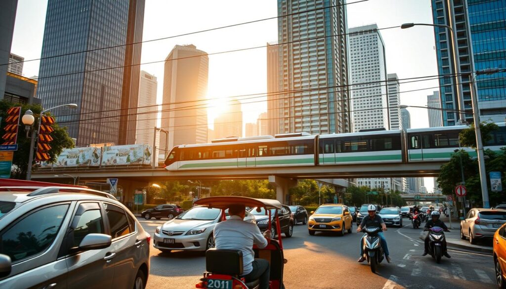 A bustling street in Bangkok, Thailand, with a diverse array of public transportation modes. In the foreground, a vibrant red tuk-tuk navigates through the traffic, its driver skillfully maneuvering between cars and motorbikes. In the middle ground, a sleek and modern sky train glides overhead, its rails casting long shadows on the streets below. In the background, the towering skyscrapers of the city's financial district provide a dramatic skyline, bathed in warm, golden sunlight. The scene captures the energy and dynamism of Bangkok's public transport system, a vital artery that keeps the city moving.