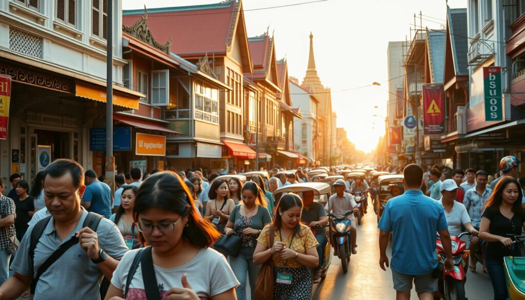 A bustling street in Bangkok, Thailand, with people navigating the vibrant atmosphere. In the foreground, a group of tourists cautiously clutching their belongings, staying alert to their surroundings. In the middle ground, a mix of locals and travelers moving about, navigating the busy pedestrian traffic. The background features distinctive Thai architecture, with colorful buildings, tuk-tuks, and street vendors creating a lively, immersive scene. Soft, warm lighting from the setting sun casts a golden glow, conveying a sense of calm despite the activity. The overall mood is one of cultural immersion and the need for vigilance when exploring the dynamic city.