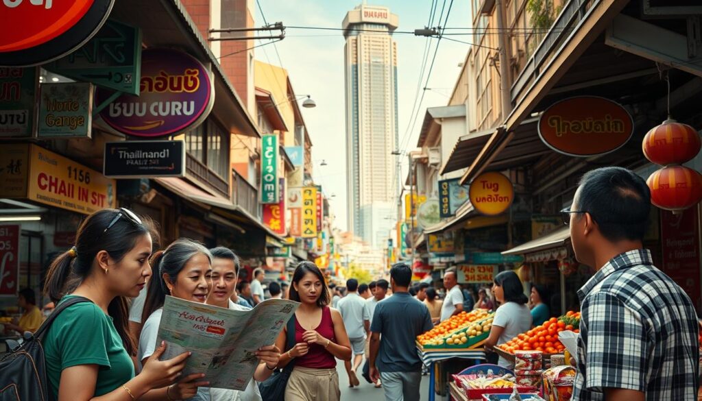 A bustling street in Bangkok, Thailand, with vibrant signage, street vendors, and locals engaged in animated conversations. In the foreground, a group of tourists consult a map, their expressions of curiosity and slight confusion. In the middle ground, a vendor offers an array of colorful fruits and snacks, gesturing with hands to communicate with a customer. In the background, a towering skyscraper looms, its modern architecture contrasting with the traditional shophouses lining the street. Warm, golden sunlight bathes the scene, creating a lively, immersive atmosphere that captures the essence of communication in Thailand.
