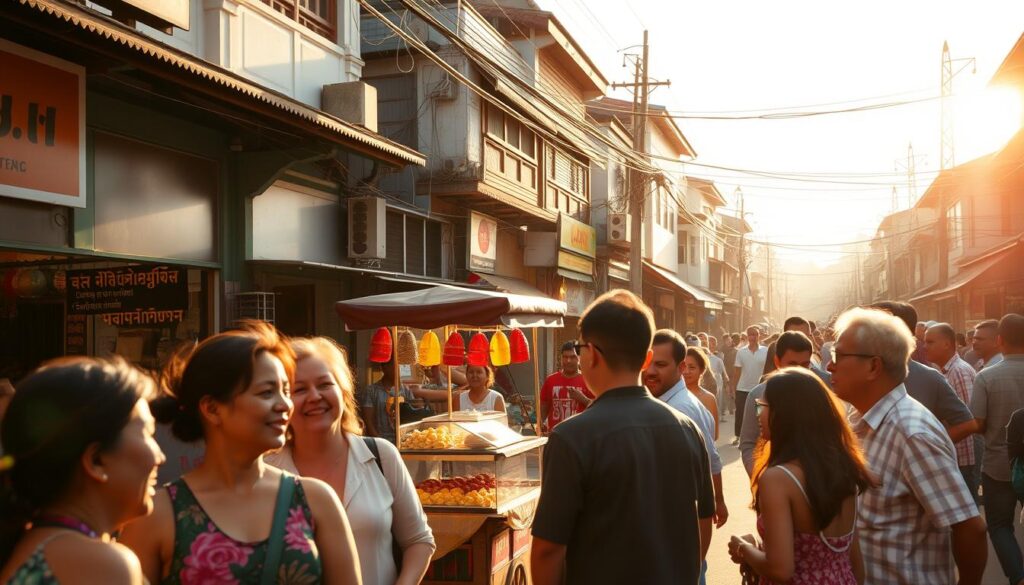 A bustling street in a Thai town, bathed in warm, golden light. In the foreground, a group of locals engaged in lively conversation, their expressions animated and gestures enthusiastic. In the middle ground, a vendor selling local delicacies from a colorful stall, drawing the attention of passersby. In the background, a vibrant mix of traditional architecture and modern storefronts, creating a visually captivating backdrop. The scene exudes a sense of cultural immersion, inviting the viewer to imagine the nuances of engaging with the local community.