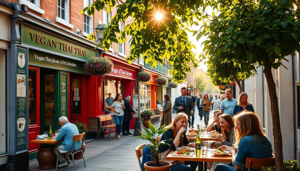 A bustling street in a vibrant UK city, with colorful facades of vegan Thai restaurants lining the sidewalks. In the foreground, a group of people enjoying a delectable plant-based meal at an outdoor cafe. Warm afternoon sunlight filters through the leaves of lush potted plants, casting a cozy glow over the scene. In the background, pedestrians stroll by, their curiosity piqued by the enticing aromas and inviting atmosphere. The image conveys a sense of community, celebration of diverse cuisines, and a thriving vegan culinary landscape in the heart of the UK.