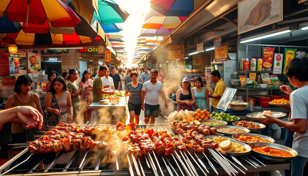 A bustling street market in Bangkok, Thailand, teeming with vibrant colors and tantalizing aromas. In the foreground, a vendor grills succulent skewers of marinated meats and seafood, their sizzling sights and mouthwatering scents drawing in passersby. In the middle ground, a crowd of locals and curious tourists peruse the stalls, sampling freshly made curries, noodle dishes, and tropical fruits. The background is a kaleidoscope of umbrellas, awnings, and signage, creating a lively, authentic atmosphere. Warm, golden sunlight filters through, casting a cozy glow over the scene. The overall mood is one of excitement, diversity, and the promise of a delicious, budget-friendly culinary adventure.