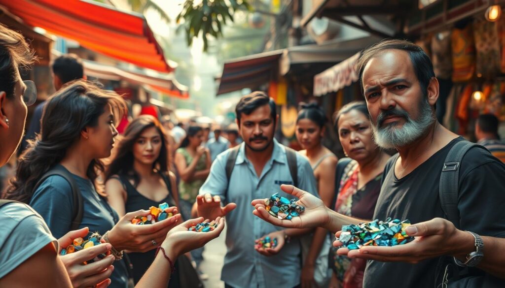 A bustling street market in Bangkok, Thailand. In the foreground, a group of tourists are being approached by persistent gem vendors, their hands filled with sparkling gemstones. The vendors' expressions are overly eager, hinting at their deceptive intentions. In the middle ground, a tangle of stalls and awnings create a vibrant, chaotic scene, while the background is hazy with the warm glow of the tropical sun. The mood is one of cautious suspicion, as the tourists appear wary of the vendors' tactics. The lighting is soft and natural, capturing the humid, vibrant atmosphere of the market.