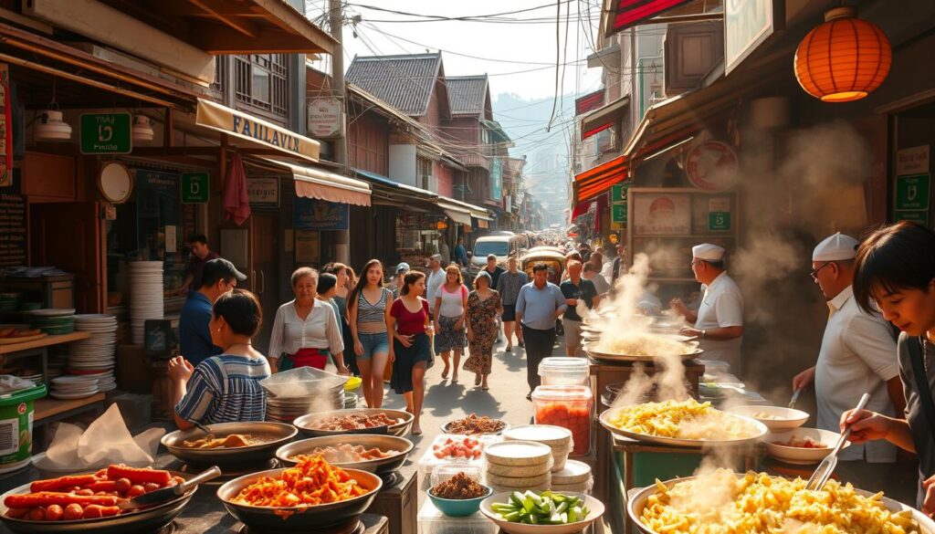 A bustling street market in a vibrant Thai city, bathed in warm afternoon sunlight. In the foreground, a colorful array of regional Thai street food stalls - sizzling woks, fragrant spices, and steaming noodle dishes. The middle ground features a lively crowd of locals and curious tourists, interacting with the vendors. In the background, a tapestry of traditional wooden buildings, colorful awnings, and the occasional tuk-tuk navigating the narrow lanes. The scene exudes an atmosphere of authentic, mouthwatering Thai culinary traditions, inviting the viewer to explore the diverse regional specialties on offer.