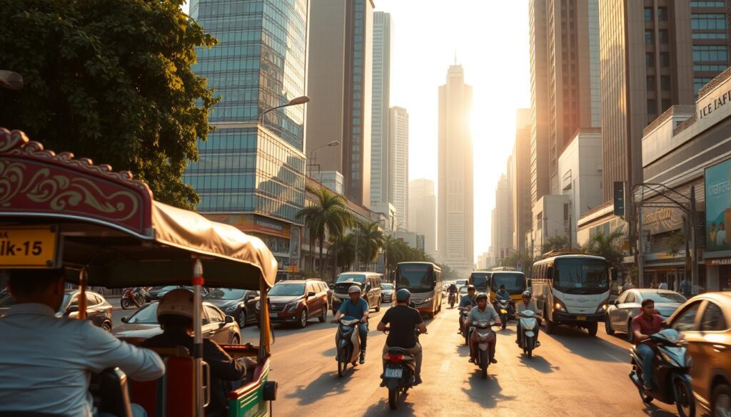 A bustling street scene in Bangkok, Thailand, showcasing an array of transportation options. In the foreground, a tuk-tuk navigates through the traffic, its vibrant colors and intricate design standing out against the backdrop. In the middle ground, a fleet of motorbikes and bicycles weave between cars and buses, capturing the city's dynamic energy. The background is filled with towering skyscrapers, their glass facades reflecting the sunlight, creating a modern and cosmopolitan atmosphere. The scene is bathed in warm, golden hues, evocative of the tropical climate. The overall composition captures the diversity and dynamism of Thailand's transportation landscape.